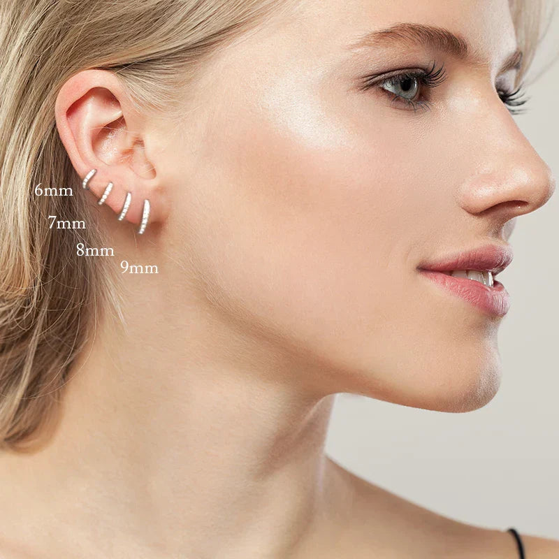 6/7/8/9mm Real 925 Sterling Silver Zircon Hoop Earrings for Women Huggie Earring Piercing Earings Jewelry Pendientes