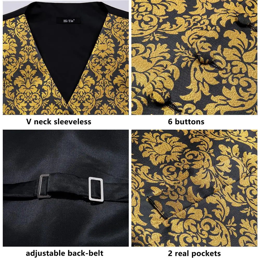 Luxury Mens Vests Black Gold Floral Jacquard Waistcoat Tie Hanky Cufflinks Brooch Set for Men Suit Wedding Office XL