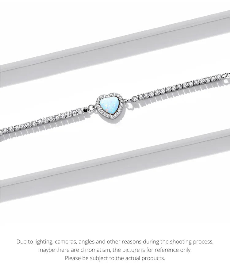 Authentic 925 Sterling Silver Opal Heart-Shaped Pendant Bracelet Fit Women Sterling Silver Jewelry Gift