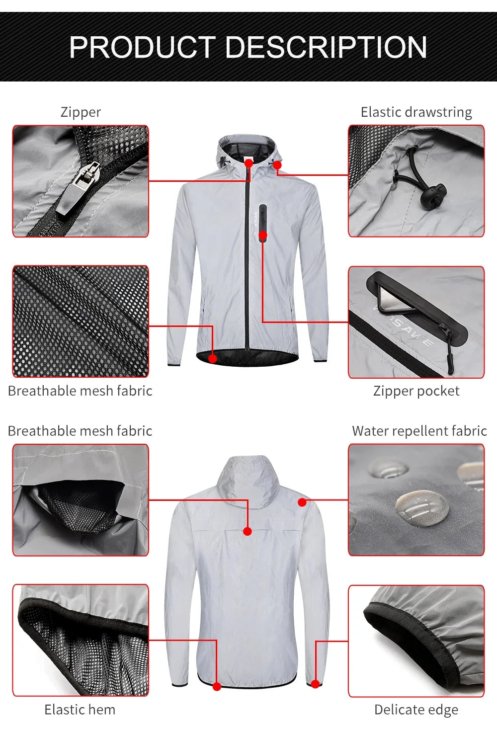 Full Reflective Jacket with Hoodie High Visibility Waterproof Wind Breaker Men Women Hiking Cycling Running Safety Vest