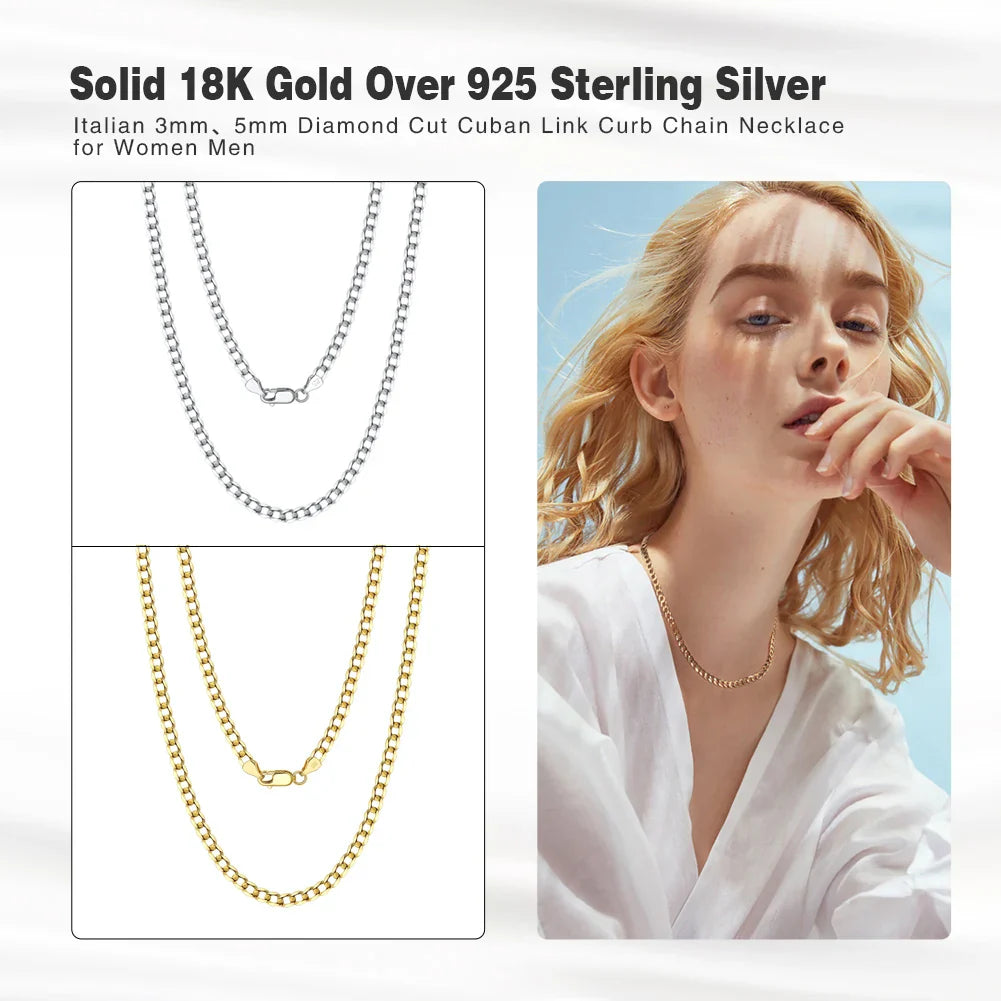 925 Sterling Silver Italian 3mm/5mm Cuban Chain Necklace for Women Men Handmade Fashion Silver Necklace Jewelry SC60