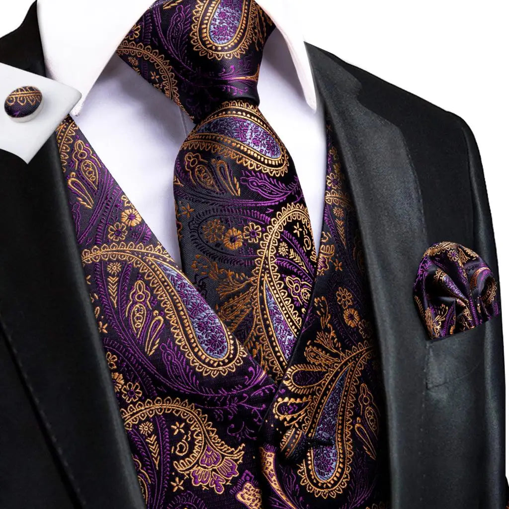 Fashion Silk Vest For Men Classic Gold Champane Yellow Waistcoat Jacket Tie Hankerchief Cufflinks Sets Dress Suit Wedding Hi-Tie
