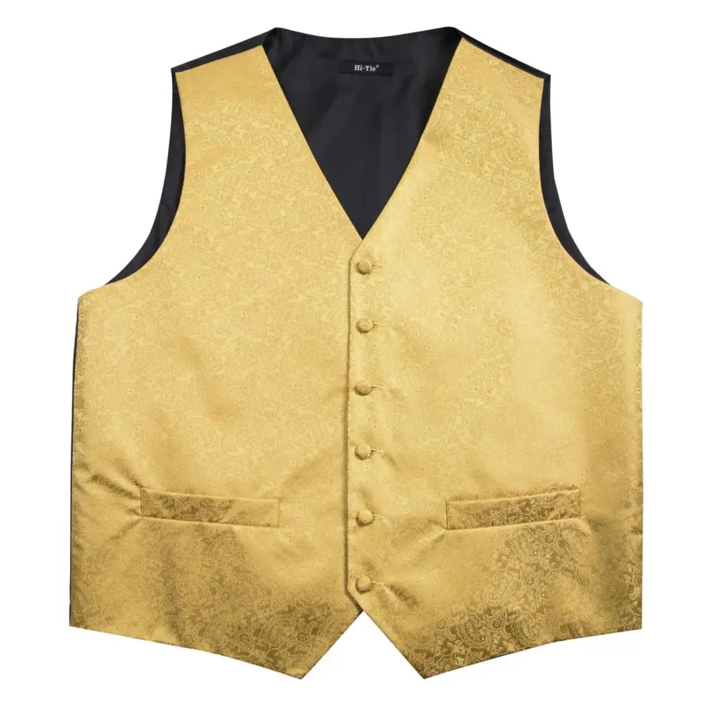 Fashion Silk Vest For Men Classic Gold Champane Yellow Waistcoat Jacket Tie Hankerchief Cufflinks Sets Dress Suit Wedding Hi-Tie