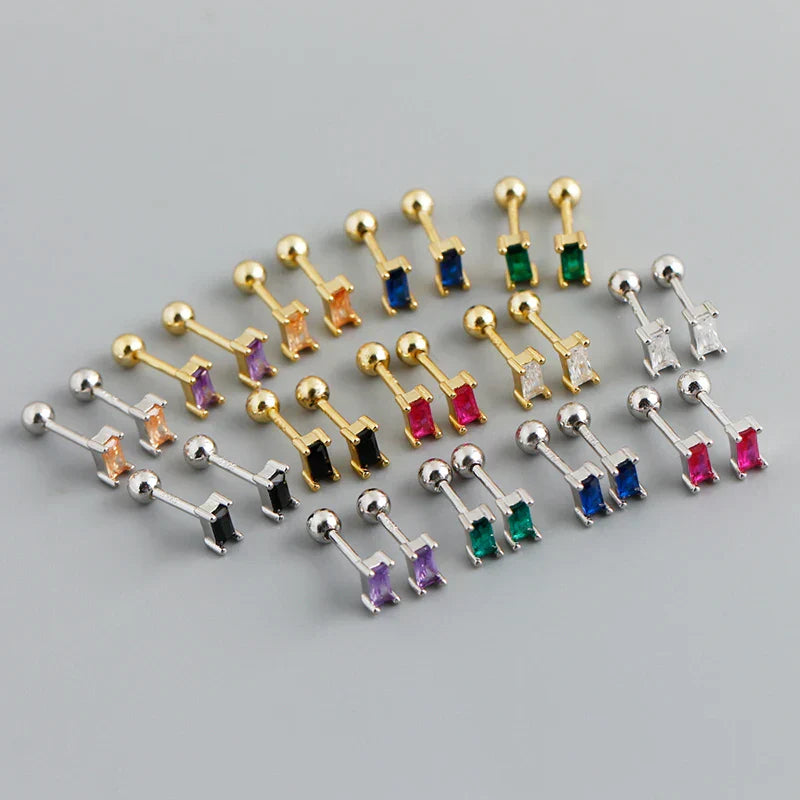 925 Sterling Silver Colorful Square Shiny Zircon Beads Piercing Stud Earrings for Women Fashion Gothic Exquisite Jewelry