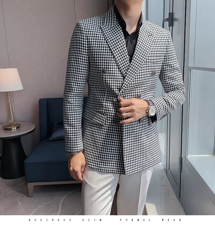 British Style Slim Fit Houndstooth Blazer For Men 2023 Fashion Double Breasted Business Office Wedding Dress Suit Jacket