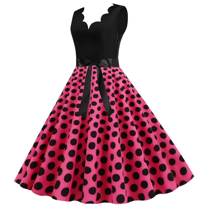 Women Retro Summer Dresses 50s 60s Sleeveless V-neck Polka Dot Bow Ball Grown Party Sundress Robe Vestidos