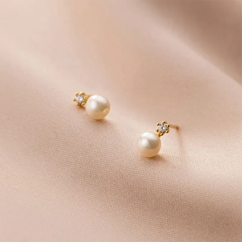 Genuine 925 Sterling Silver Geometric Zircon Pearl Mini Small Stud Earrings for Women Chic Charming Korean Jewelry 2021