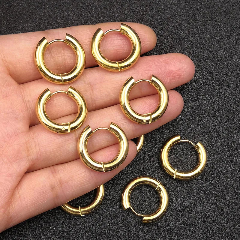 6pcs/lot Thick 3.0mm 4.0mm 5.0mm Stainless Steel Circle Hoop Earrings For Women Girls Gold Silver Color Round Geometry Earrings