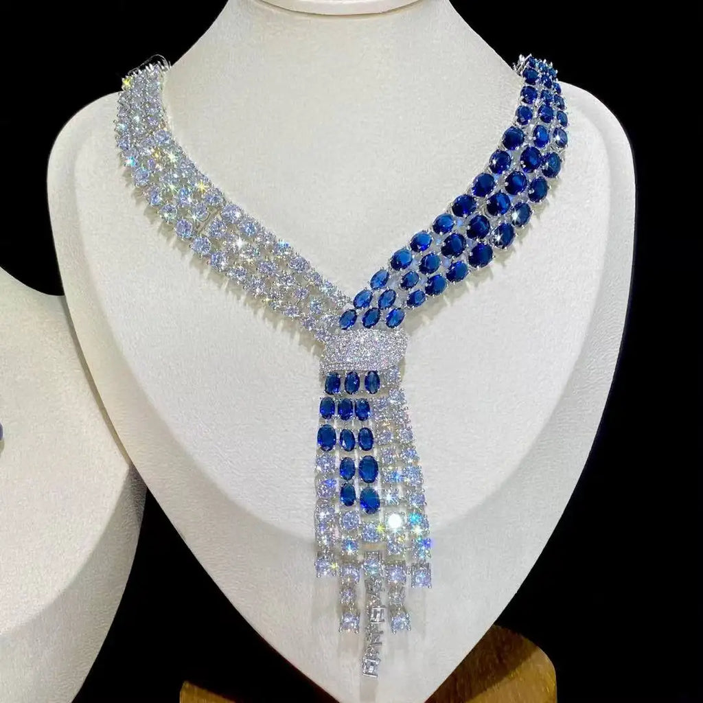Luxury Blue 2 Piece Tassel Necklace Cubic Zircon Jewelry Set Women Wedding European Party Jewelry Set X0140