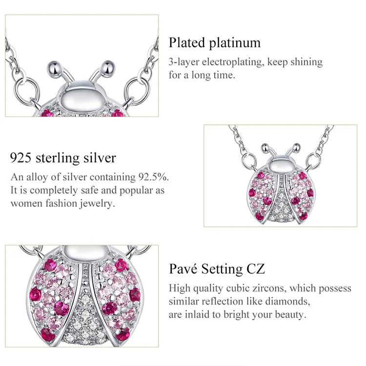 Genuine 925 Sterling Silver Pink CZ Ladybug Insect Chain Pendant Necklace for Women 45cm Kid Gifts Fine Jewelry SCN400