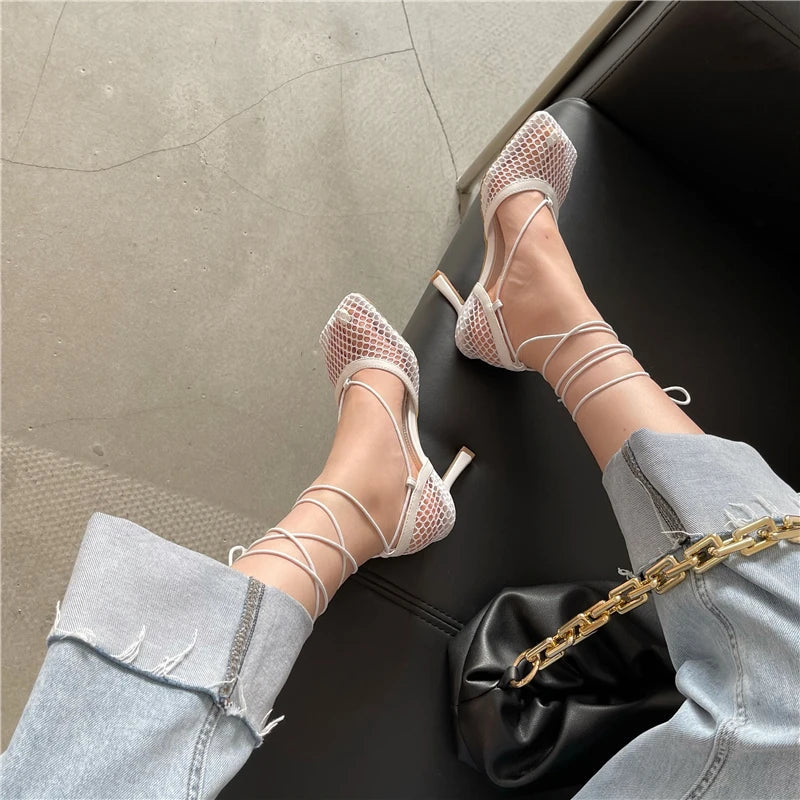 2026 Stiletto Heels Mesh Fashion Sandals Square Toe Cross-Tied Shallow Concise Party Rome Solid Summer Shoes for Women