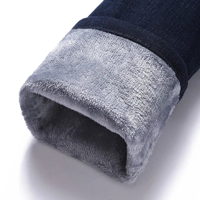 Winter New Men's Warm Blue Black Slim Jeans Classic Style Stretch Slim Fit Thick Pants Fashion Trousers Male Brand