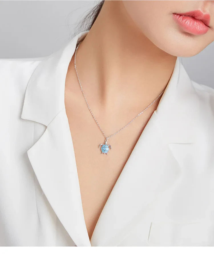 925 Sterling Silver Sky Blue Enamel Turtle Pendant Necklace Cute Animal Adjustable Necklace for Women Fine Jewelry SCN446
