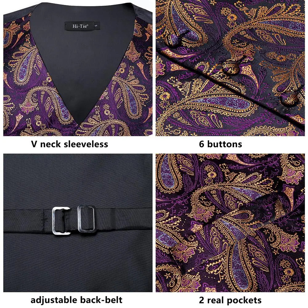 Fashion Silk Vest For Men Classic Gold Champane Yellow Waistcoat Jacket Tie Hankerchief Cufflinks Sets Dress Suit Wedding Hi-Tie