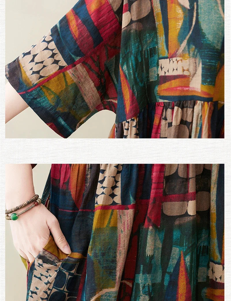 Short Sleeve Cotton Linen Vintage Print Summer Long Dresses For Women 2026 Casual Loose Holiday Ladies Dress Elegant Clothes