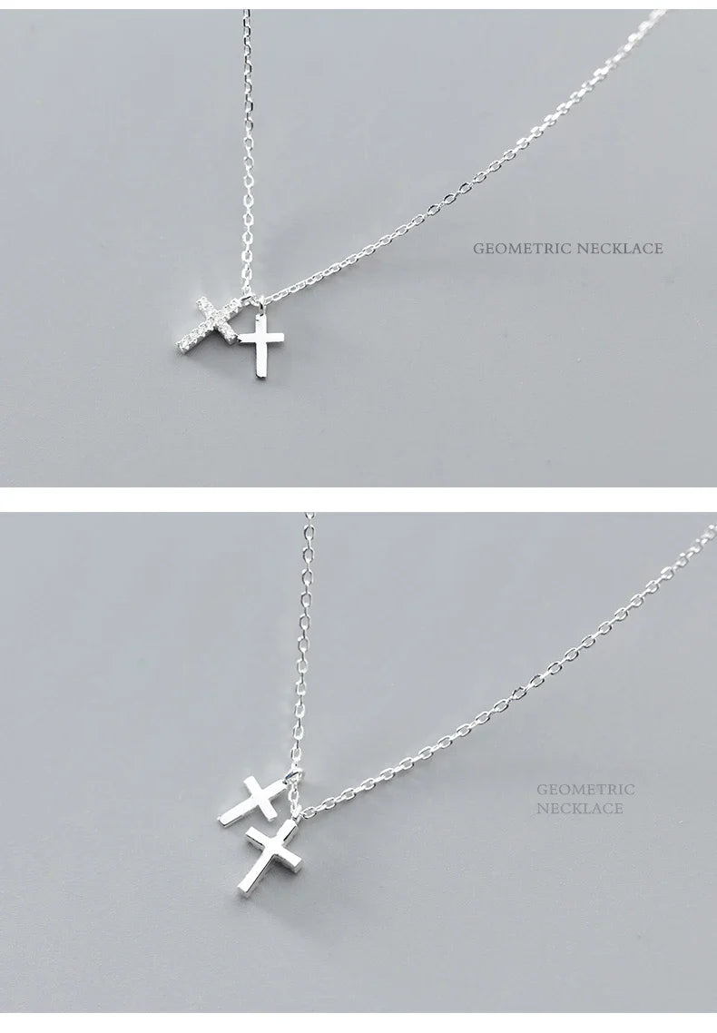 Fashion Shiny Zircon and Glossy Cross Pendant Necklace for Women Pure 925 Sterling Silver Long Chain Necklace Jewelry