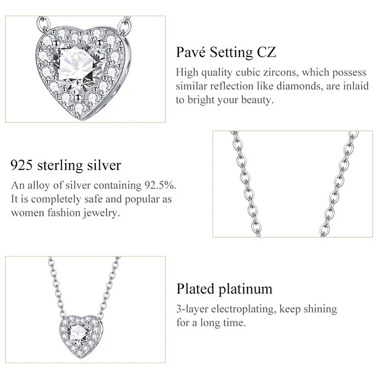 925 Sterling Silver Bright Love Necklace Chain Dazzling Shiny Heart Shape Crystal Charm Wedding Engagement Jewelry SCN455