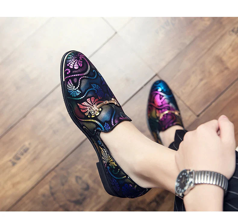 New Men Dress Leather Shoes For Men Luxury British Gold Blue National Pattern Oxfords Classic Gentleman Wedding Prom Shoes