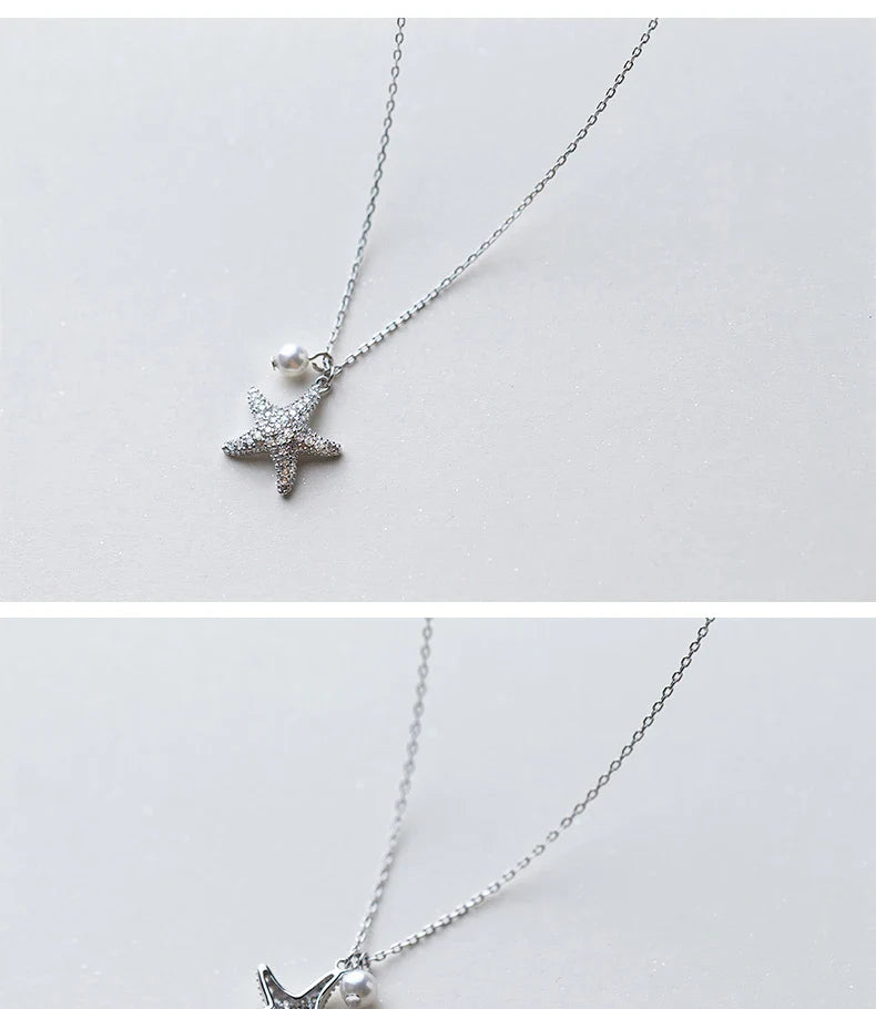 Marine Life Adjustable Necklace for Women Shiny Zircon Starfish Pearl Sterling Silver 925 Pendant Necklace Fine Jewelry