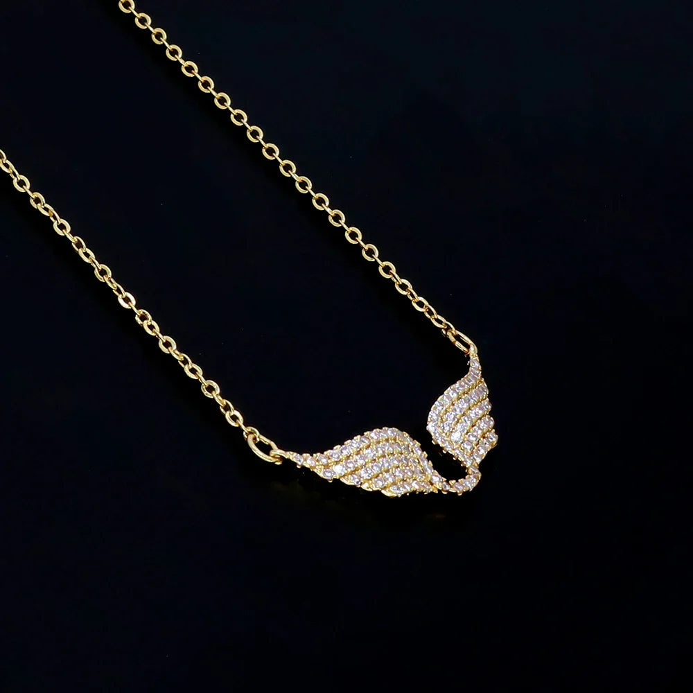 Delicate Women 24K Gold Plated Zircon Angel Wing Chain Pendant Necklace