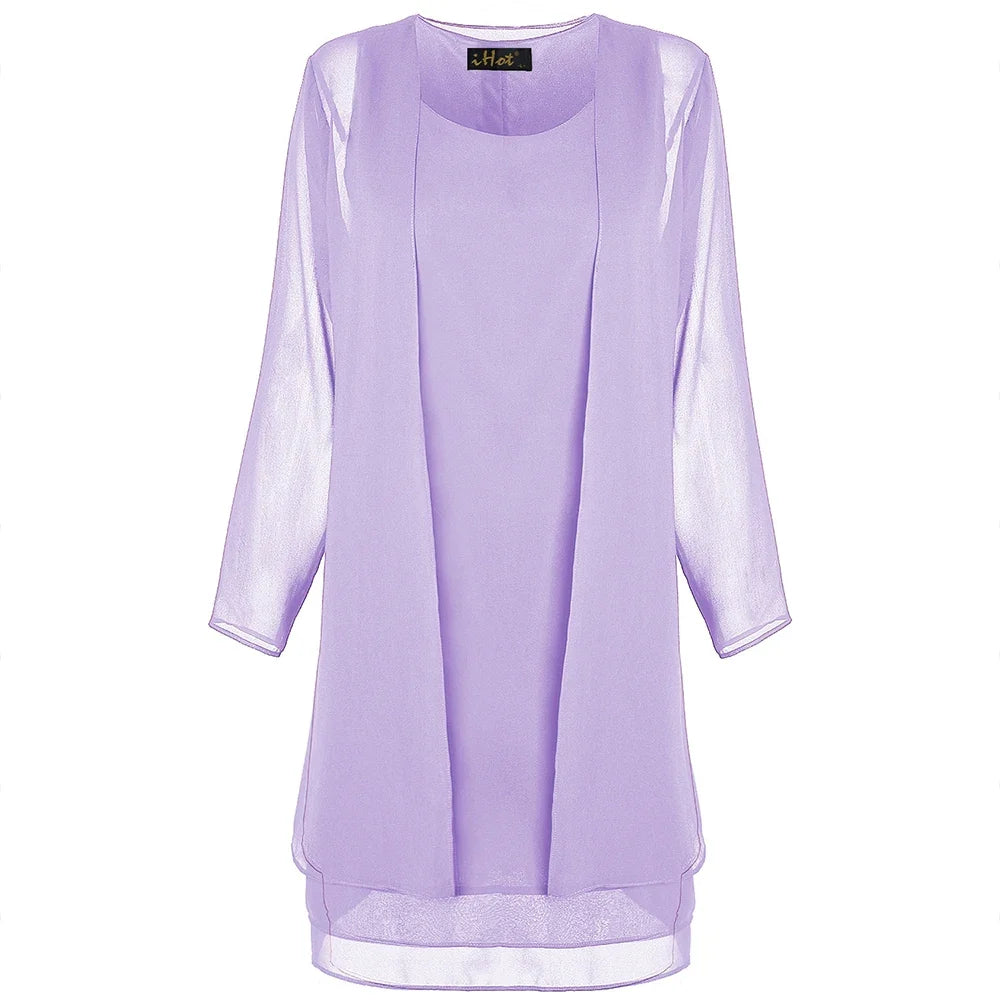 2 Pieces Chiffon Dress Set Women Casual Long Sleeve Solid Cardigan Dress Elegant Wedding Evening Party Dresses Clothing Vestidos