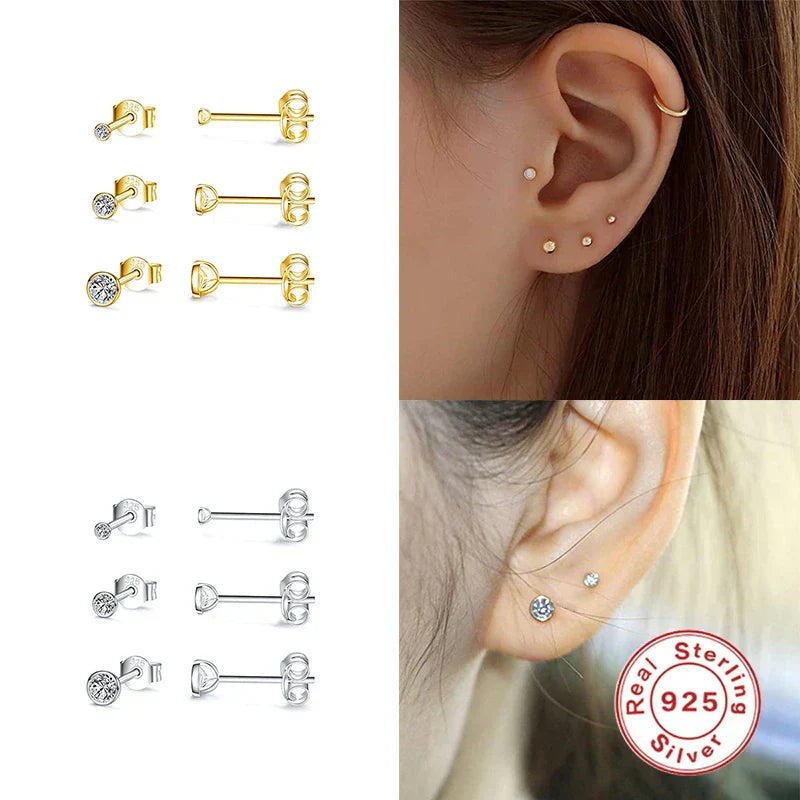 3pcs/set Bling Zircon Earring 925 Sterling Silver Cute Mini Heart Star Stud Earrings Ear Bone Earlobe Piercing Jewerly