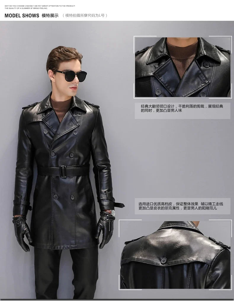 Autumn Black Faux Leather Trench Coat Men Long Sleeve Belt Double Breasted Brown Plus Size Men Clothing 2022 4xl 5xl