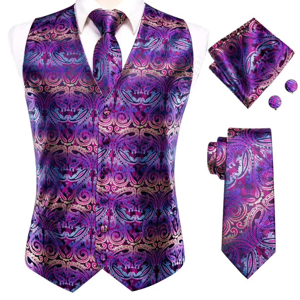 Fashion Silk Vest For Men Classic Gold Champane Yellow Waistcoat Jacket Tie Hankerchief Cufflinks Sets Dress Suit Wedding Hi-Tie