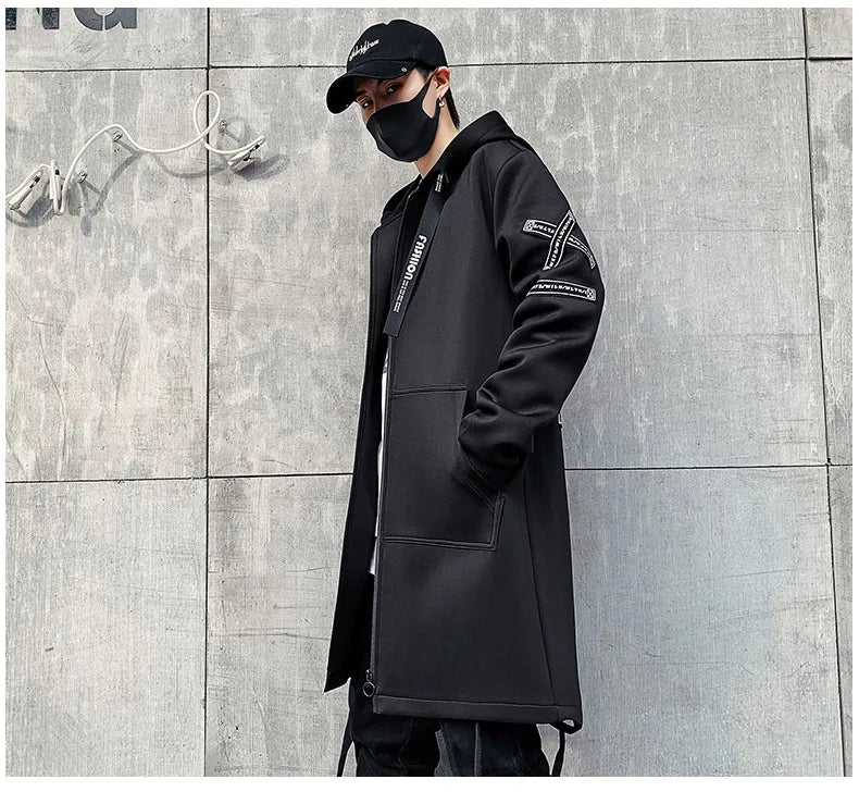 New Men Streetwear Black Jackets And Coats Hip Hop Harajuku Hooded Men's Windbreaker Overcoat Mens Clothing Outwear M-5XL