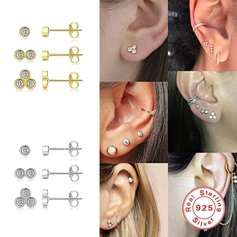3pcs/set Bling Zircon Earring 925 Sterling Silver Cute Mini Heart Star Stud Earrings Ear Bone Earlobe Piercing Jewerly