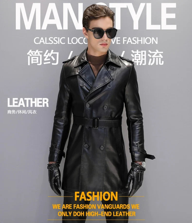 Autumn Black Faux Leather Trench Coat Men Long Sleeve Belt Double Breasted Brown Plus Size Men Clothing 2022 4xl 5xl