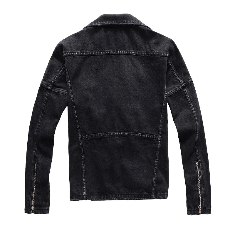 Men's Zippers Black Biker Jean Jacket Streetwear Thick Denim Slim Coat with Belt High Quality