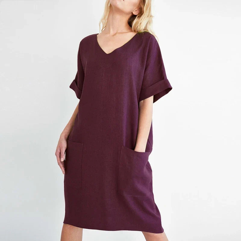 Women Casual Short Sleeve V Neck Cotton Linen Loose Dress Vintage Solid Pockets Oversized Dress Elegant Beach Holiday Mini Dress