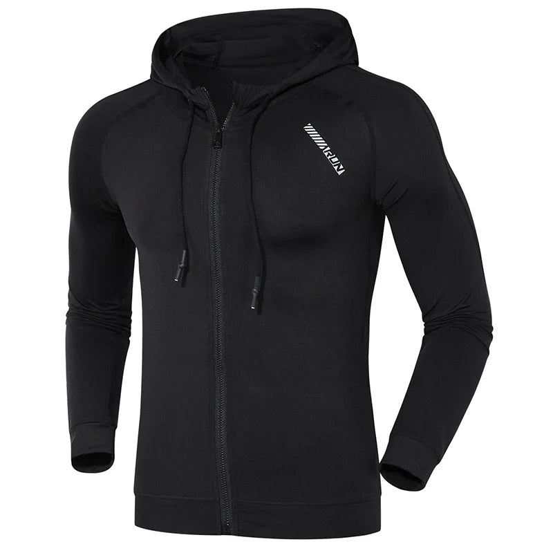 Men Running Sports Jackets Gym Training Zipper Slim Hiking Sweatshirts Comfortable Elastic Quick Dry Fitness Long Sleeve Hooded