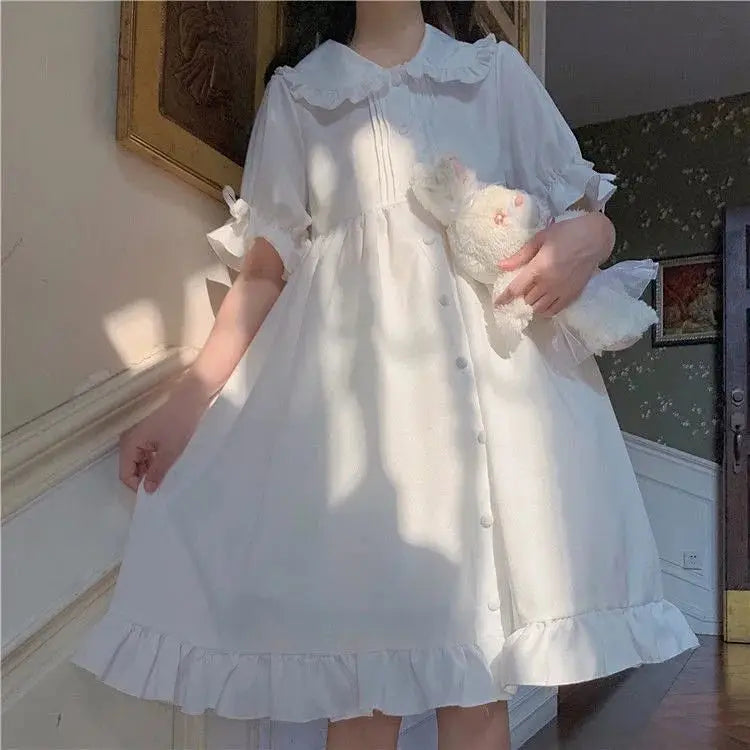 Japanese Sweet Girl Lolita Dress White 2021 Summer Kawaii Peter Pan Collar Cute Ruffle Puff Sleeve Drees Elegant Lady Dresses