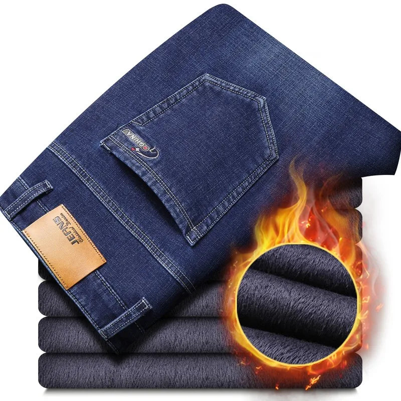 Winter New Men's Warm Blue Black Slim Jeans Classic Style Stretch Slim Fit Thick Pants Fashion Trousers Male Brand