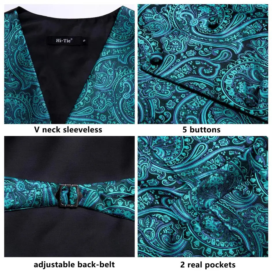 Silk Men's Vests and Tie Business Formal Dresses Slim Vest 4PC Necktie Hanky cufflinks for Suit Blue Paisley Floral Waistcoat