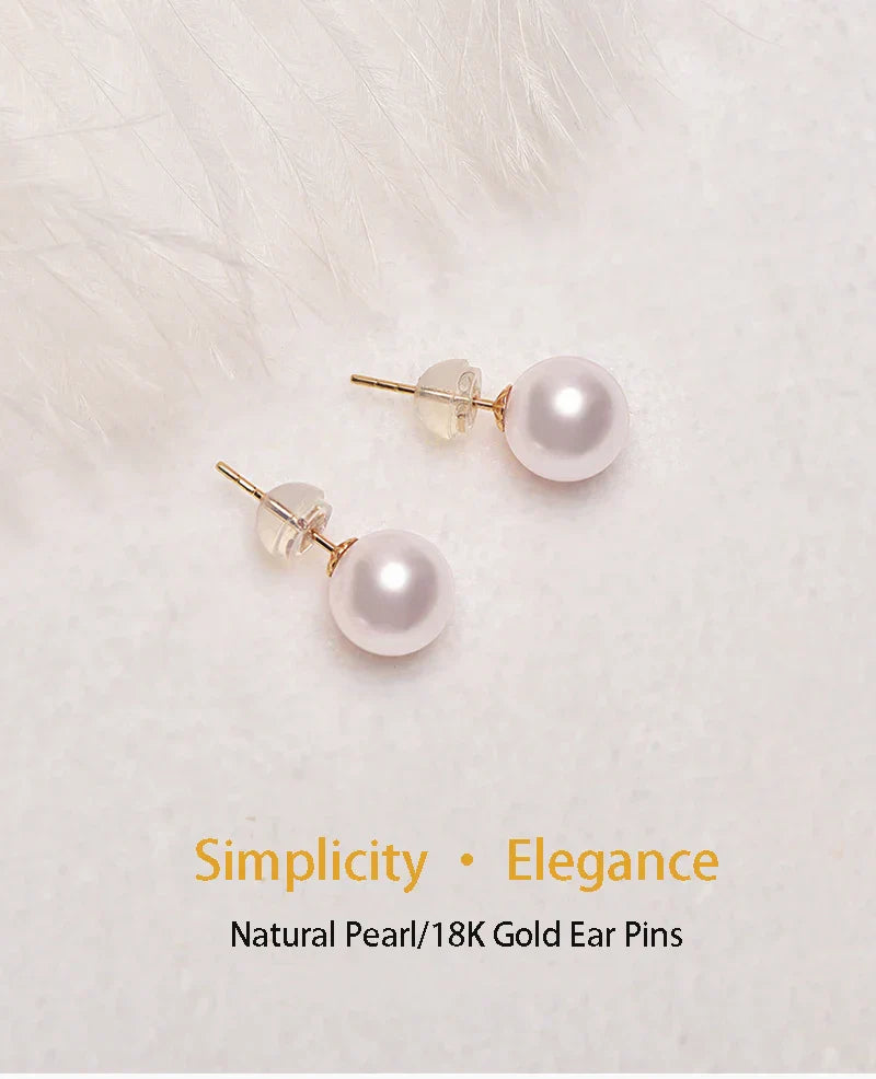 Real 18K Gold Earrings for Women Pure AU750 Natural Freshwater Pearl Earrings Simple Fashionable Fine Jewelry Gift