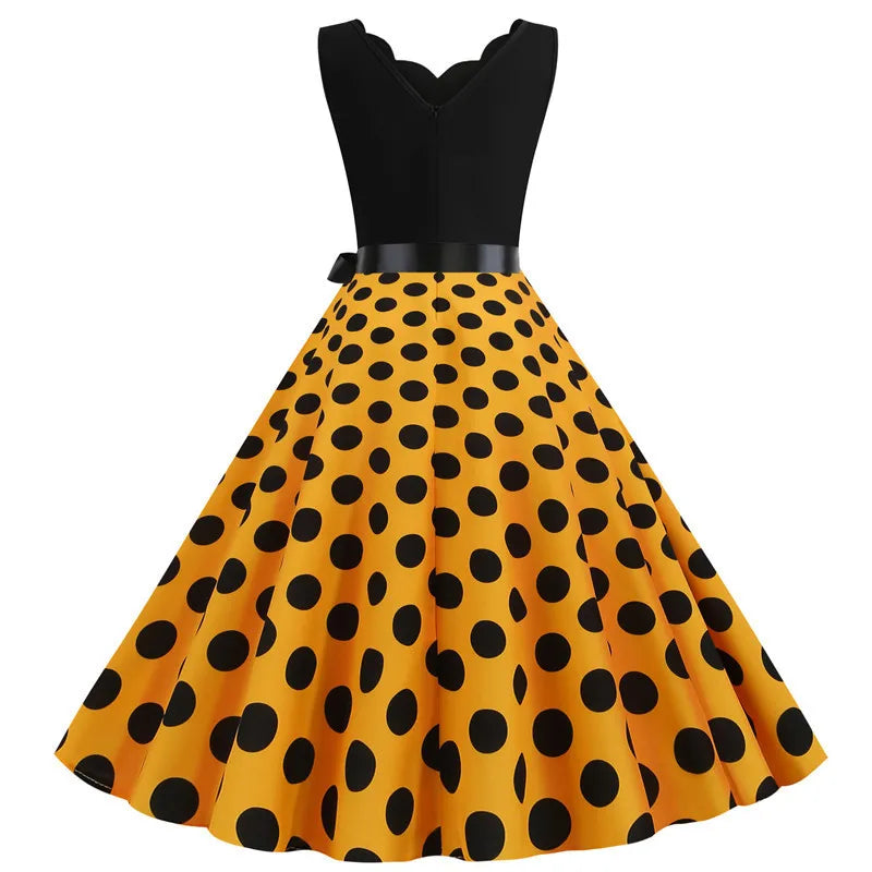 Women Retro Summer Dresses 50s 60s Sleeveless V-neck Polka Dot Bow Ball Grown Party Sundress Robe Vestidos