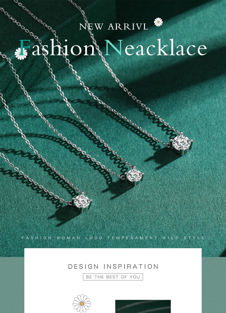 Classic 925 Sterling Silver Round Simple Clear CZ Chain Necklaces Pendant For Women Wedding Engagement Statement Jewelry