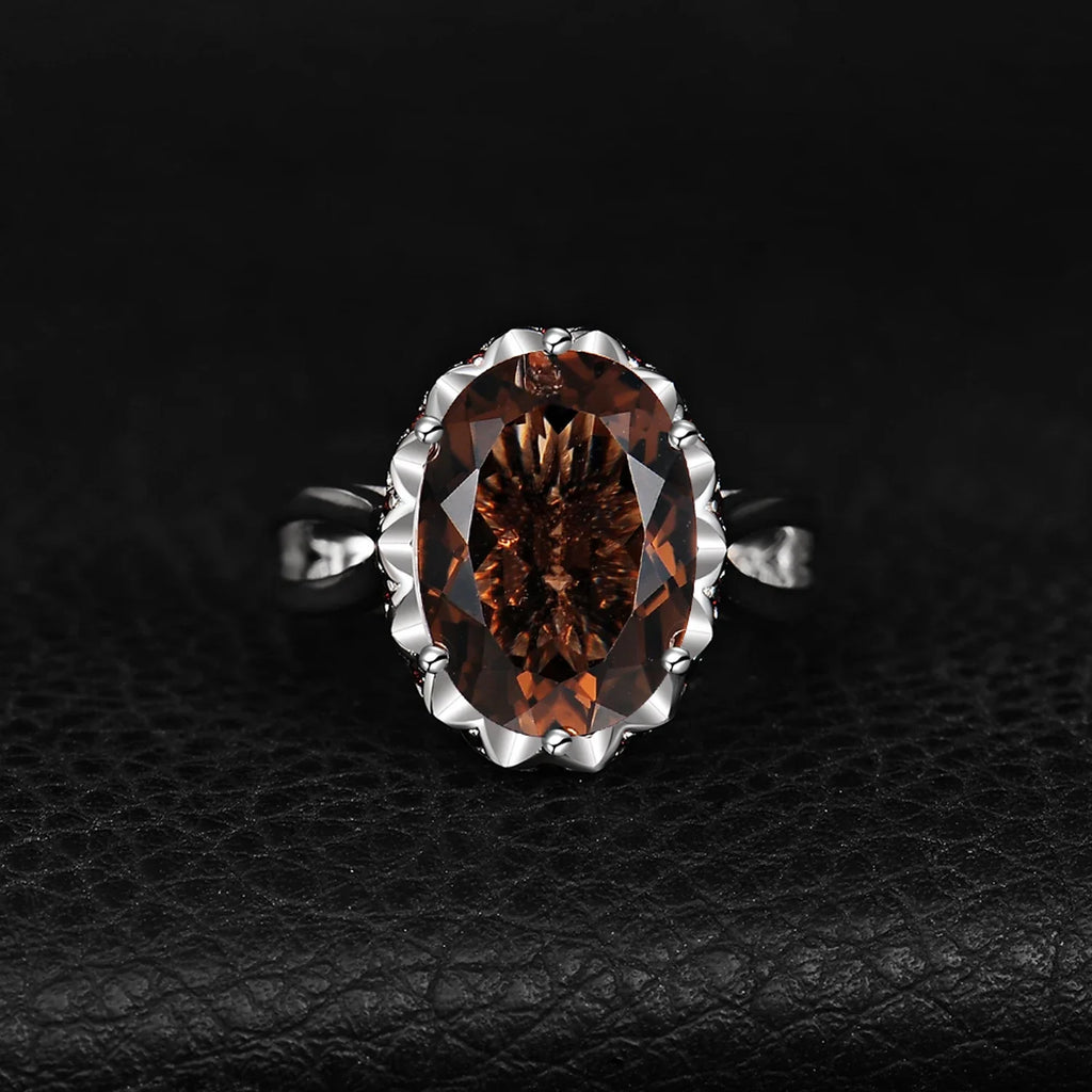 Large 5.7ct Genuine Oval Smoky Quartz 925 Sterling Silver Big Gemstone Cocktail Statement Rings for Women Jewelry