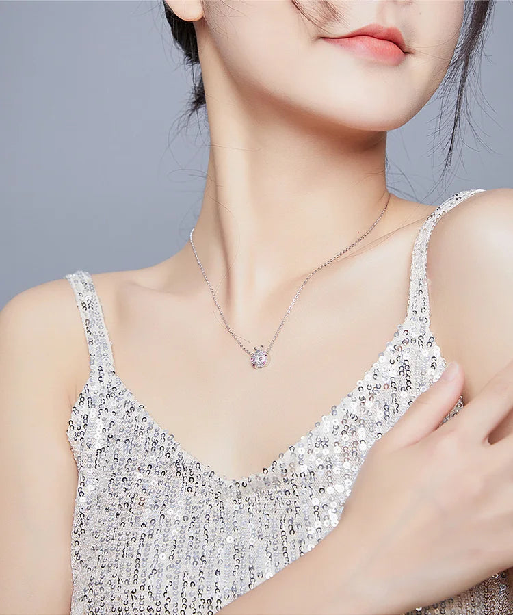Genuine 925 Sterling Silver Pink CZ Ladybug Insect Chain Pendant Necklace for Women 45cm Kid Gifts Fine Jewelry SCN400