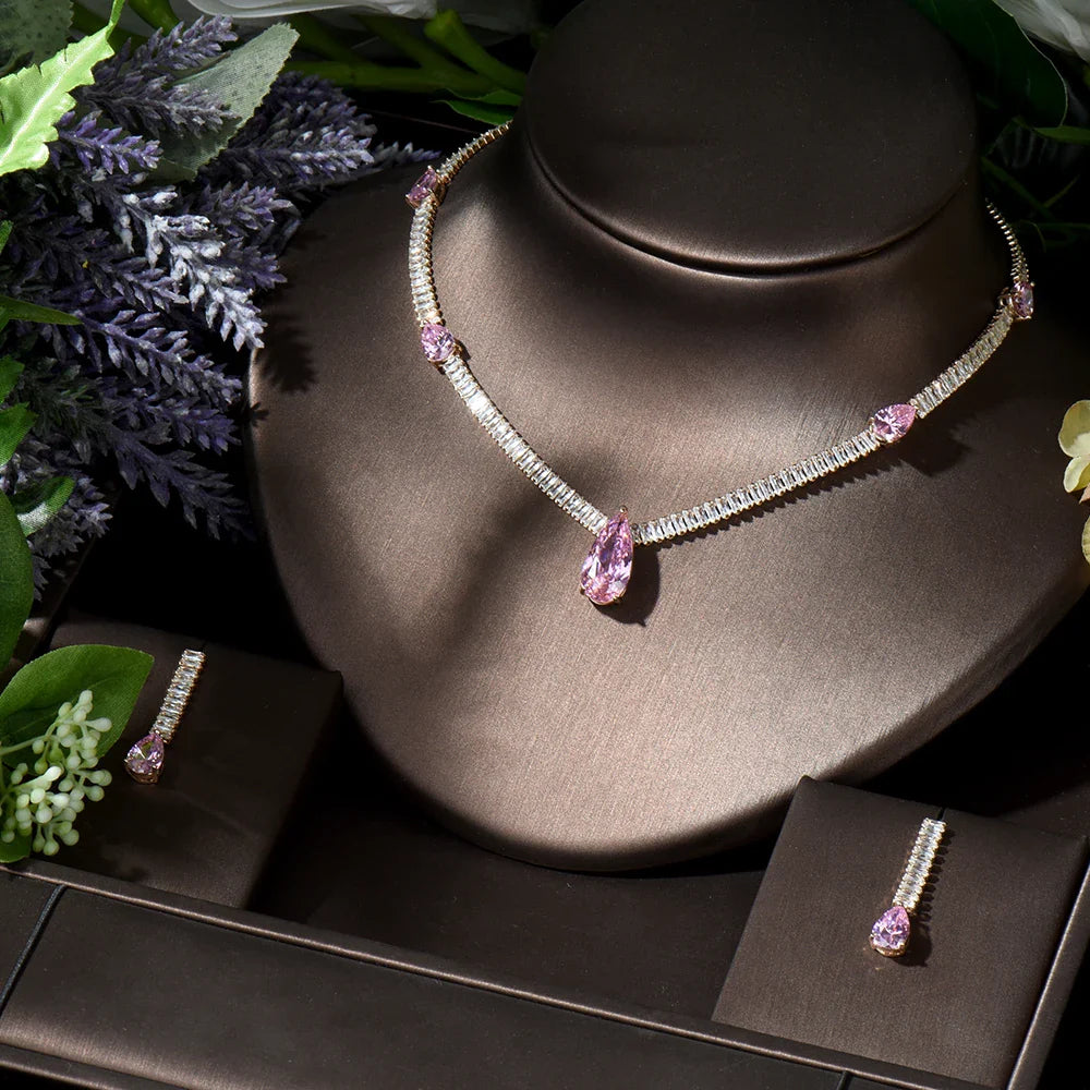 New Arrivial 2pcs Water Drop Multicolor Necklace and Earring Set Cubic Zirconia Nigeria Women Wedding Jewelry Sets N-394