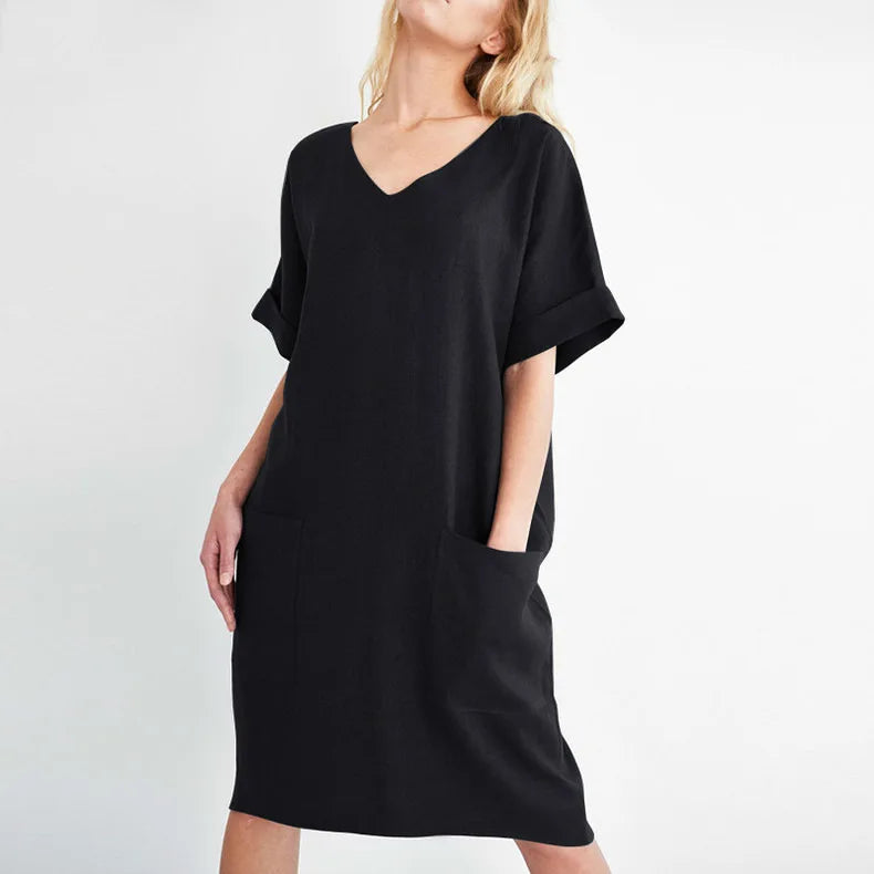 Women Casual Short Sleeve V Neck Cotton Linen Loose Dress Vintage Solid Pockets Oversized Dress Elegant Beach Holiday Mini Dress