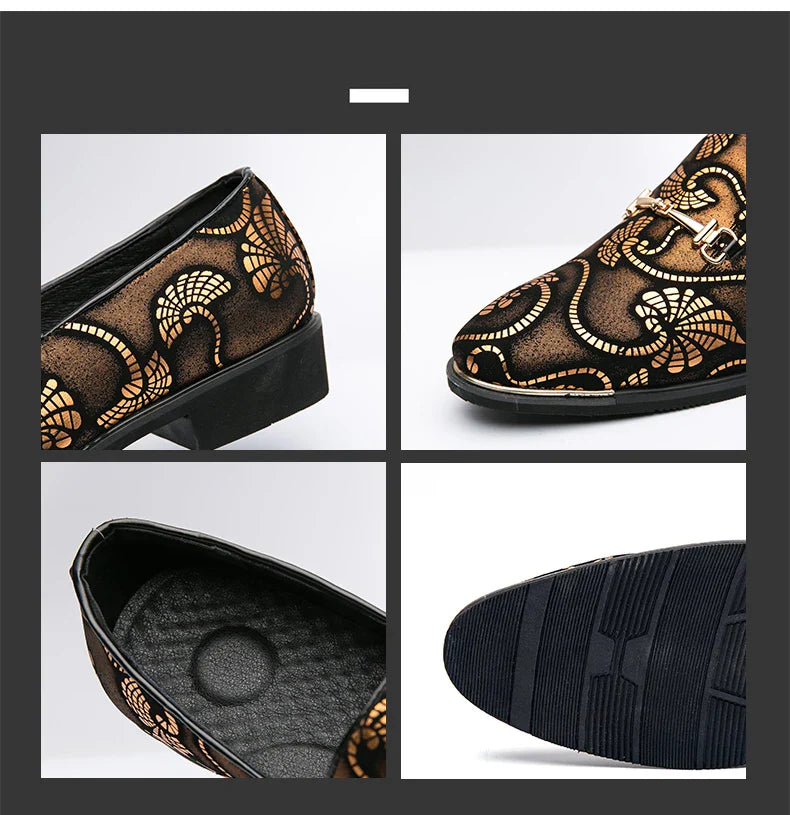 New Men Dress Leather Shoes For Men Luxury British Gold Blue National Pattern Oxfords Classic Gentleman Wedding Prom Shoes