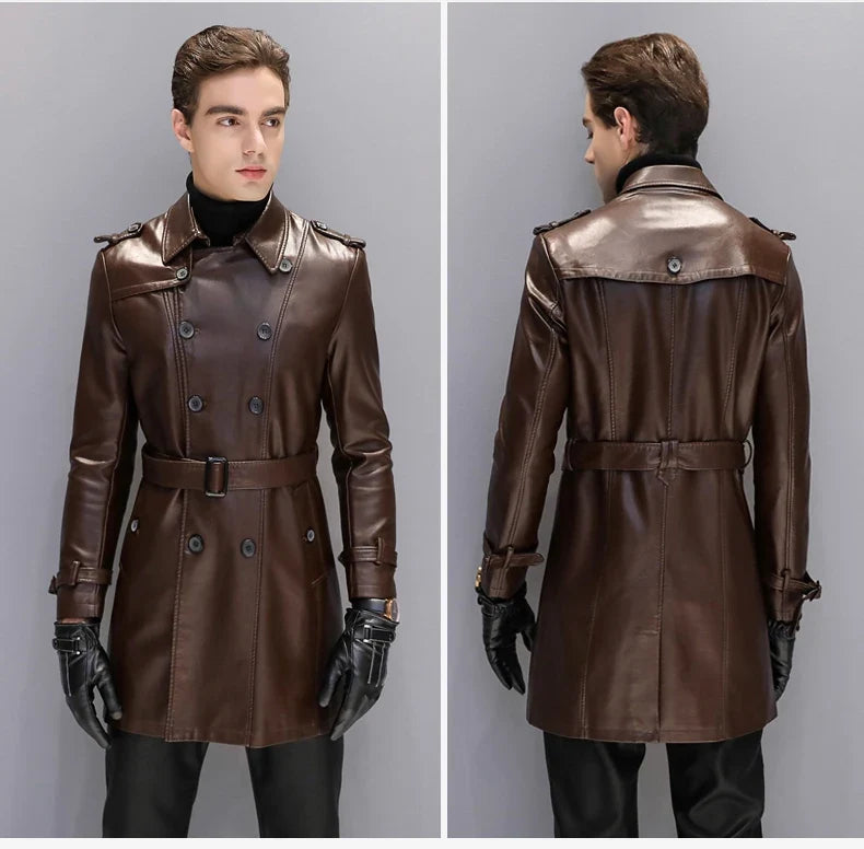 Autumn Black Faux Leather Trench Coat Men Long Sleeve Belt Double Breasted Brown Plus Size Men Clothing 2022 4xl 5xl