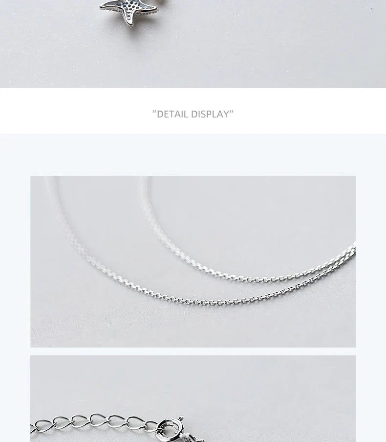 Marine Life Adjustable Necklace for Women Shiny Zircon Starfish Pearl Sterling Silver 925 Pendant Necklace Fine Jewelry