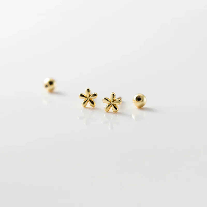 925 Sterling Silver Fashion Simple Golden Flower Beads Small Stud Earrings for Women Teen Piercing Jewelry Accessories