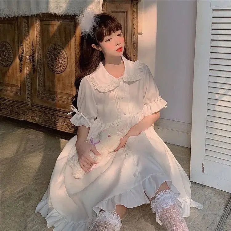 Japanese Sweet Girl Lolita Dress White 2021 Summer Kawaii Peter Pan Collar Cute Ruffle Puff Sleeve Drees Elegant Lady Dresses