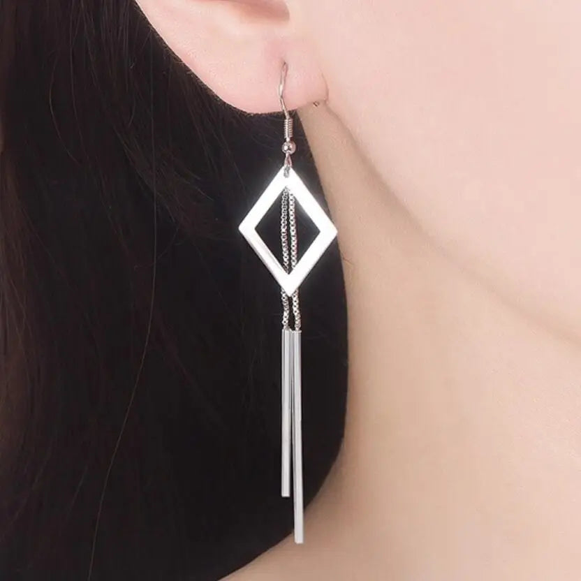 New Trendy Rose Gold 925 Silver Earrings For Women Geometric Hollow Square Long Tassel Earring Female Holiday Jewelry
